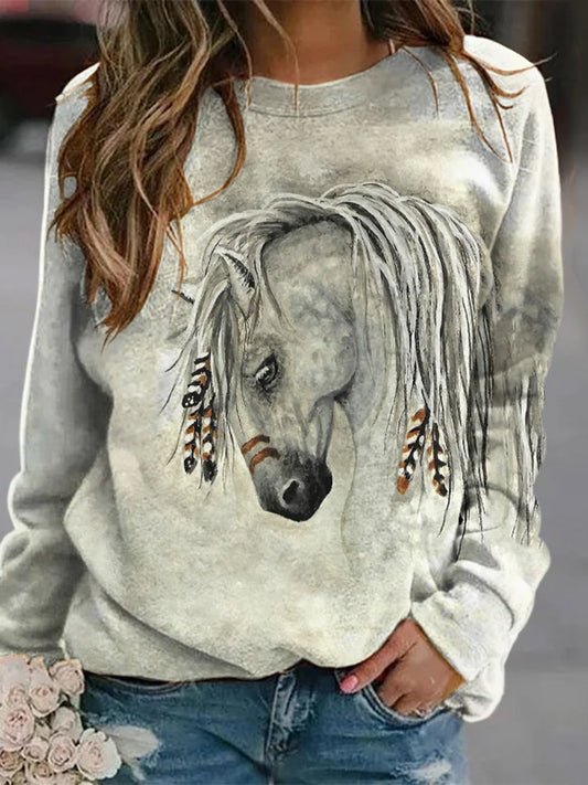Cardydony Retro Tribal Horse Print Casual Sweatshirt