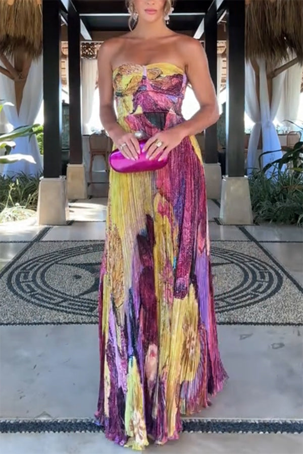 Cardydony Women's Vibrant and Bold Floral Print Sweetheart Neck Pleated Maxi Dress