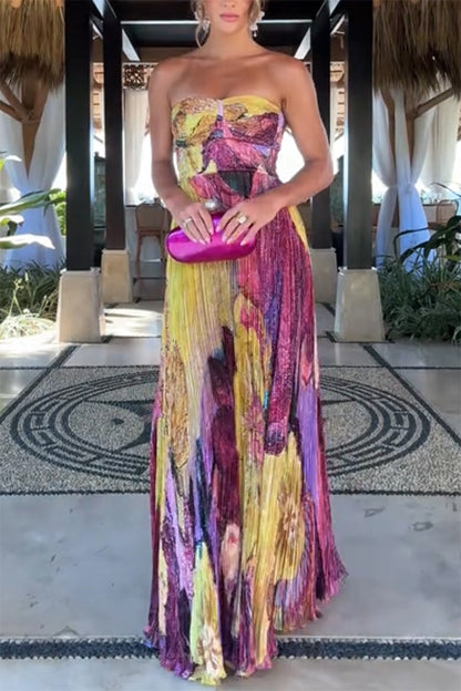 Cardydony Women's Vibrant and Bold Floral Print Sweetheart Neck Pleated Maxi Dress