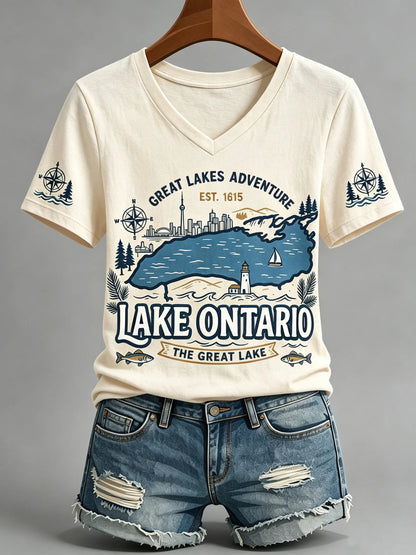 Cardydony Women's Lake Ontario Casual Art Printed V-neck T-shirt