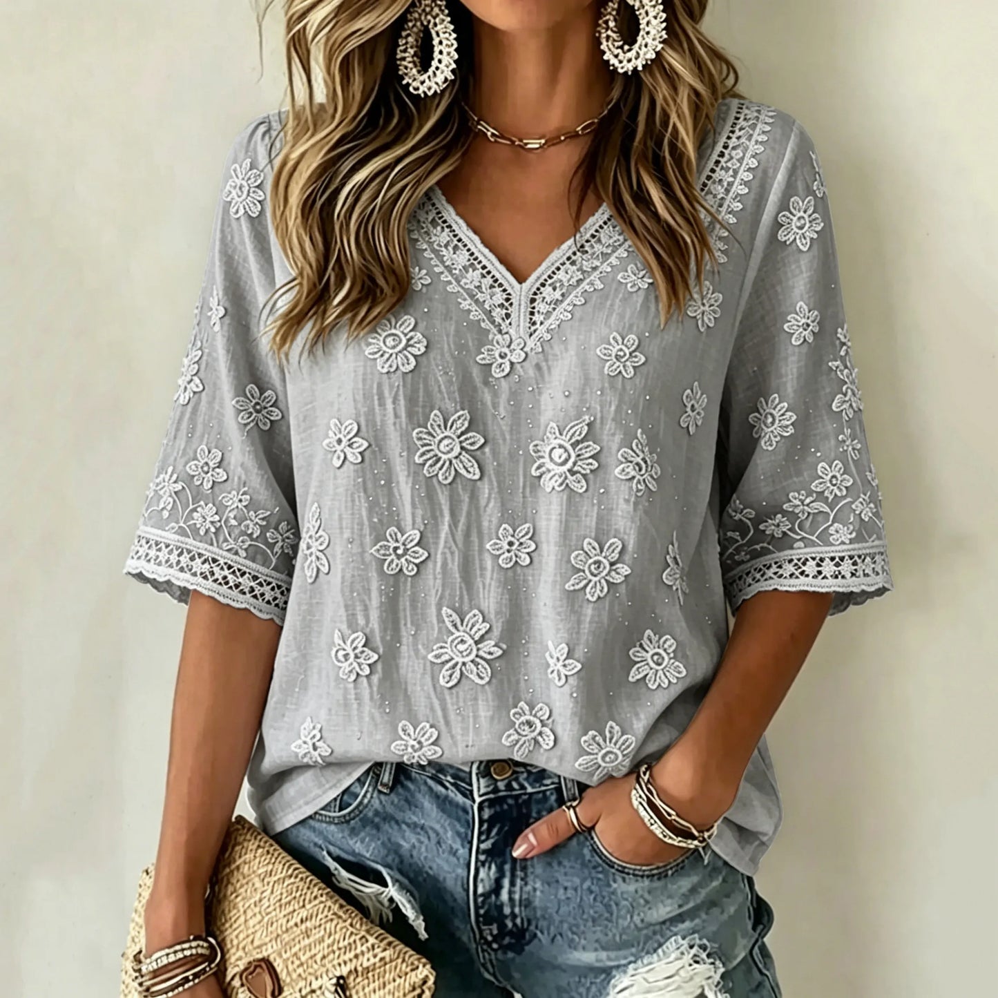Cardydony Women's White Rose Art Embroidered Art Flowy Linen Blend Three Quarter Sleeves T-shirt