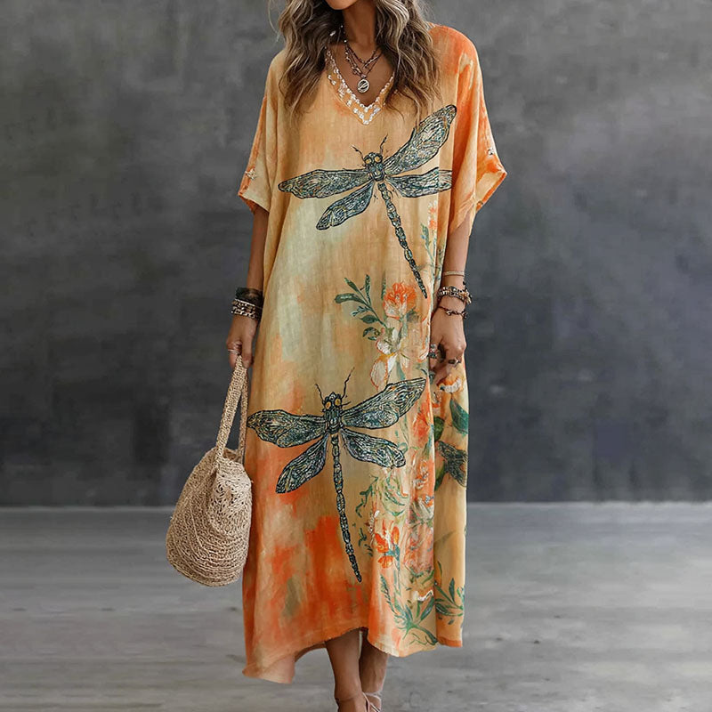 Cardydony Retro Dragonfly And Floral Pattern Linen Maxi Dress
