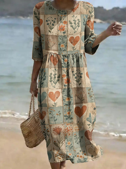 Cardydony Women's Flowers Love Pattern Linen Blend Loose Three-quarter Sleeve Dress