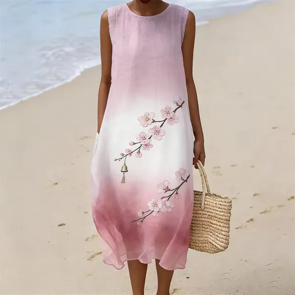 Cardydony Vintage Japanese-style Cherry Blossom And Wind Chime Art Embroidery Cotton Linen Dress