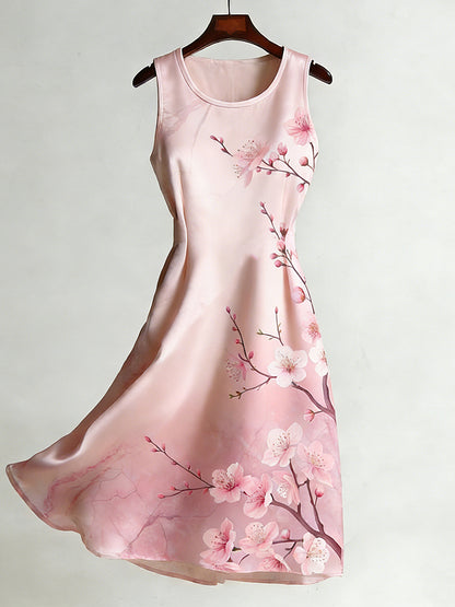 Cardyodny Women's Retro Japanese-style Cherry Blossom Art Smooth Crew Neck Dress