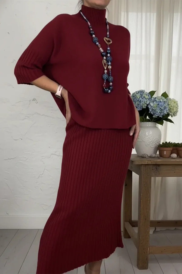 Cardydony Women's Solid Color Loose-fitting Turtleneck Knit Sweater and Stretchy Elegant Midi Skirt Set