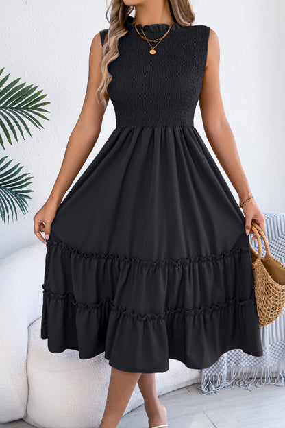 Cardydony Women's Solid Color Sleeveless Tucked Patchwork Casual Midi Dress