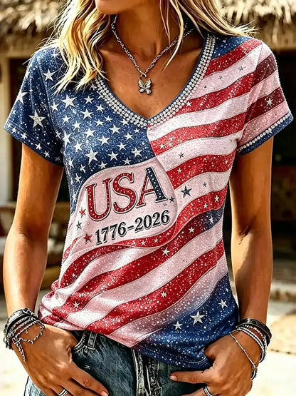 Cardydony Women's Independence Day Printed V Neck Casual Tops