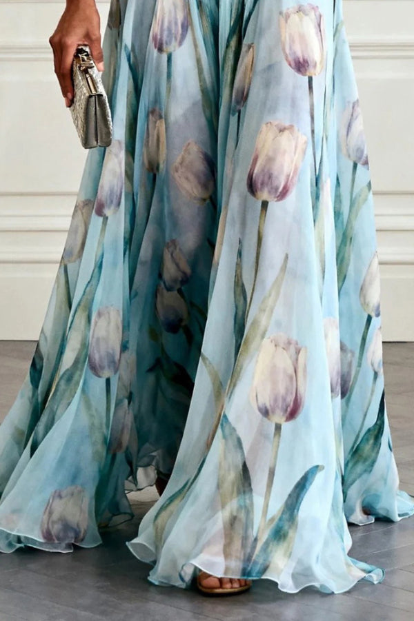 Cardydony Women's  Tulip Print V-Neck Sleeveless Elegant Waist-Defining Maxi Dress