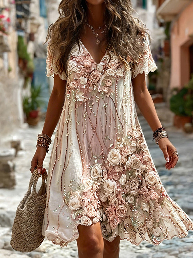 Cardydony Women's Vintage Rose Embroidered Casual Dress