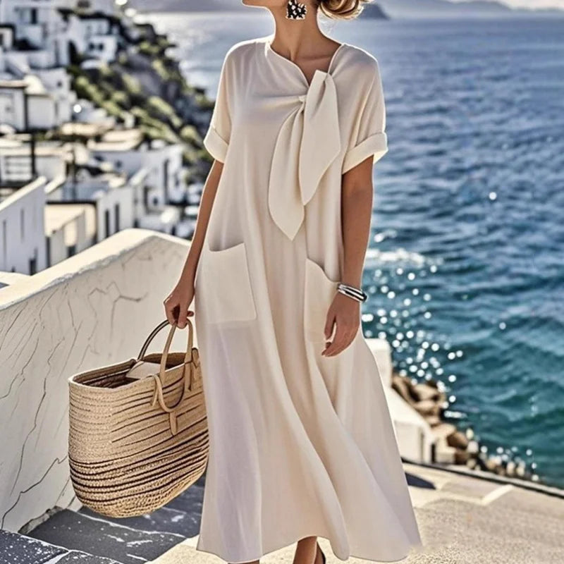 Cardydony Women's Elegant Bow-knot Pocket Cotton And Linen Midi Dress