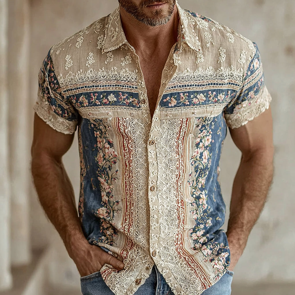 Cardydony Men's Retro Floral Patchwork Pattern Casual Shirt