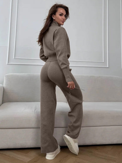Cardydony Women's Women's Knit 2 Piece Set – Drawstring Wide Leg Pants with Zip Jacket Top