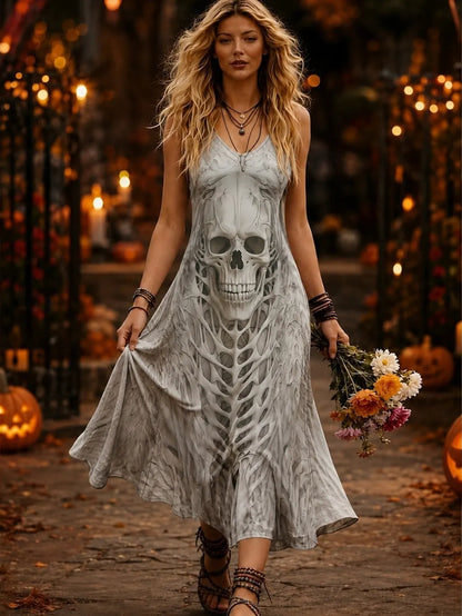 Cardydony Women's Retro Skull Art 3d Printing Halloween Sleeveless Dress