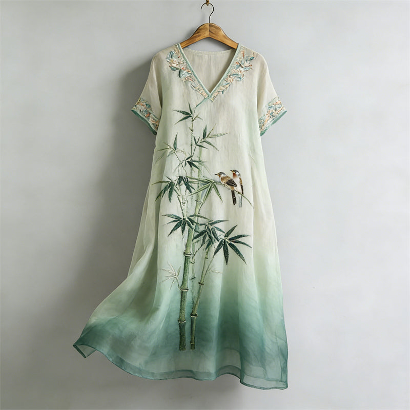 Cardydony Japanese Birds & Bamboo Floral Flowy Linen Maxi Dress