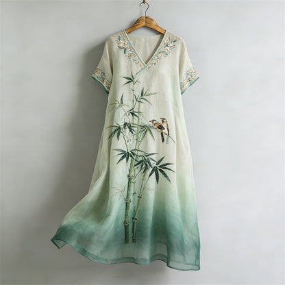 Cardydony Japanese Birds & Bamboo Floral Flowy Linen Maxi Dress