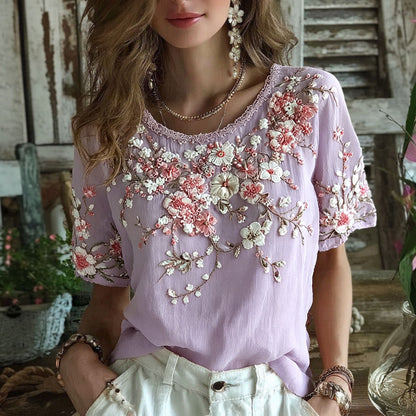 Cardydony Women's Floral Art Embroidery Cotton Linen T-shirt