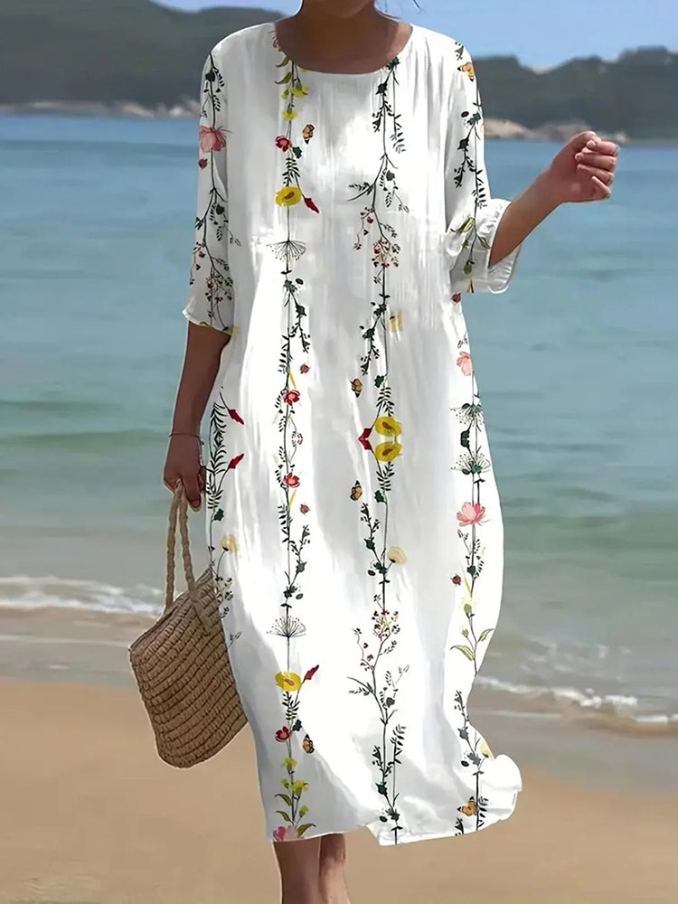 Cardydony Women's Retro Floral Print Linen Blend Midi Dress