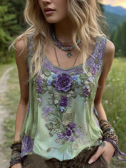 Cardydony Vintage Classy Gradient Purple Lavender And Floral Embroidered Pattern Linen Tank Top