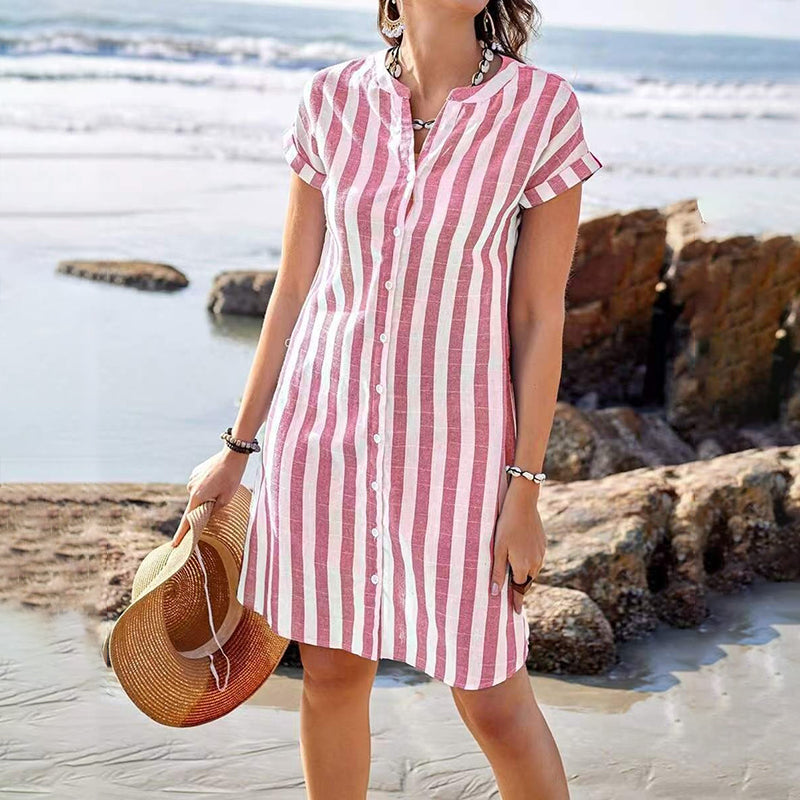 Cardydony Women's Striped Print V-neck Short Sleeve Midi Shirt Dress