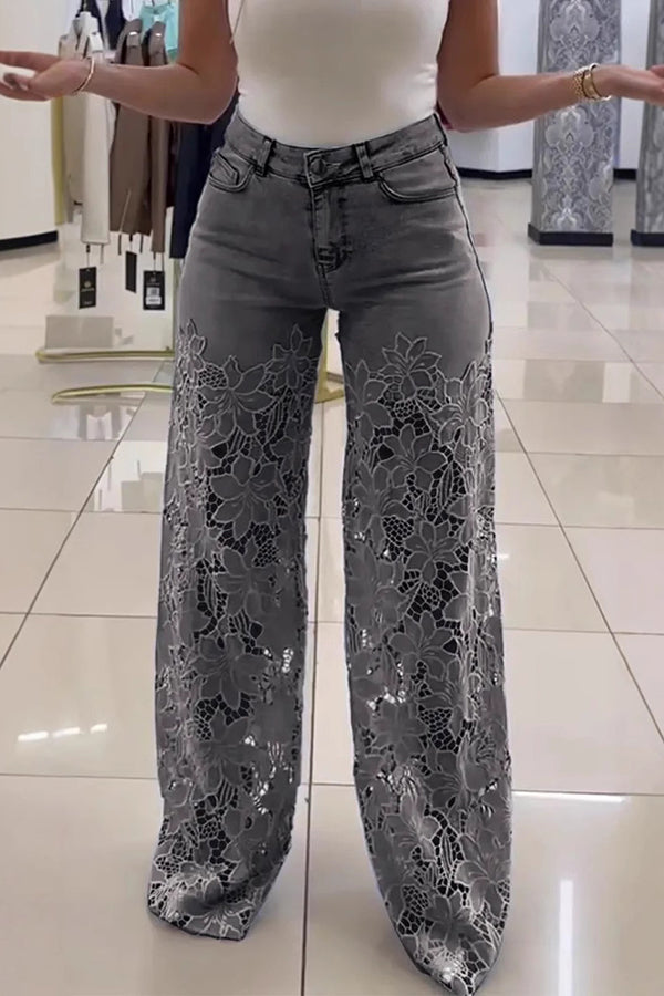 Cardydony Women's Fashion Hollow Lace Stitching Casual Pocket Denim Wide-leg Pants