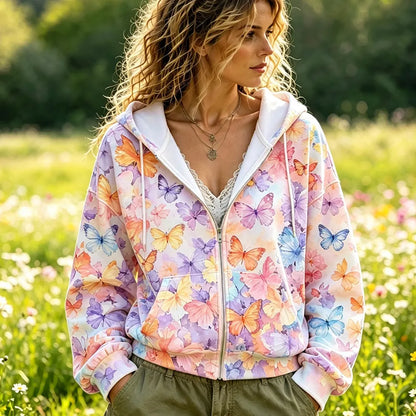 Cardydony Women's Casual Zip-up Hoodie - Colorful Watercolor Butterflies Print Long Sleeve Sweatshirt