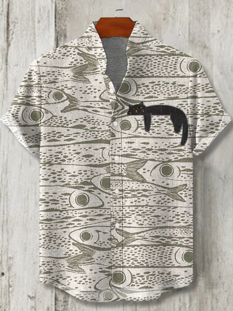 Cardydony Men's Schools Of Fish With Lazy Black Cat Japanese Art Print Button Casaul Shirt