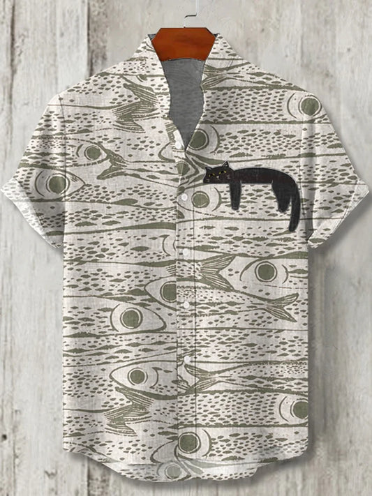 Cardydony Men's Schools Of Fish With Lazy Black Cat Japanese Art Print Button Casaul Shirt