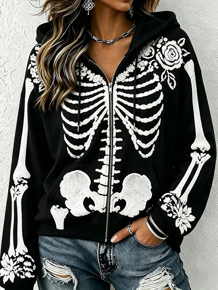 Cardydony Women's Retro Skull Rose Halloween Zippered Gothic Hoodie