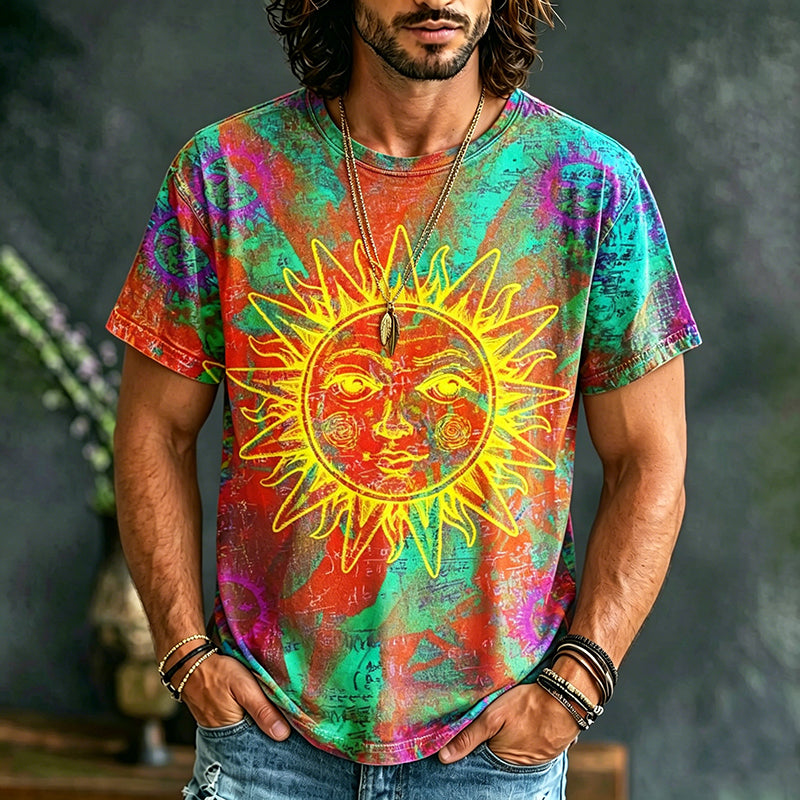 Cardydony Men's Sun Hippie Tie-dye Print Crew Neck T-shirt