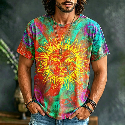 Cardydony Men's Sun Hippie Tie-dye Print Crew Neck T-shirt
