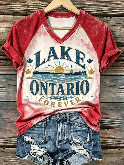 Cardydony Women's Retro Lake Ontario Print T-shirt
