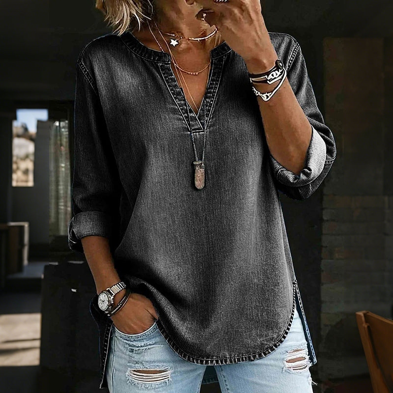 Cardydony Women's Retro Denim Texture Pattern Cotton Linen Sleeve T-shirt