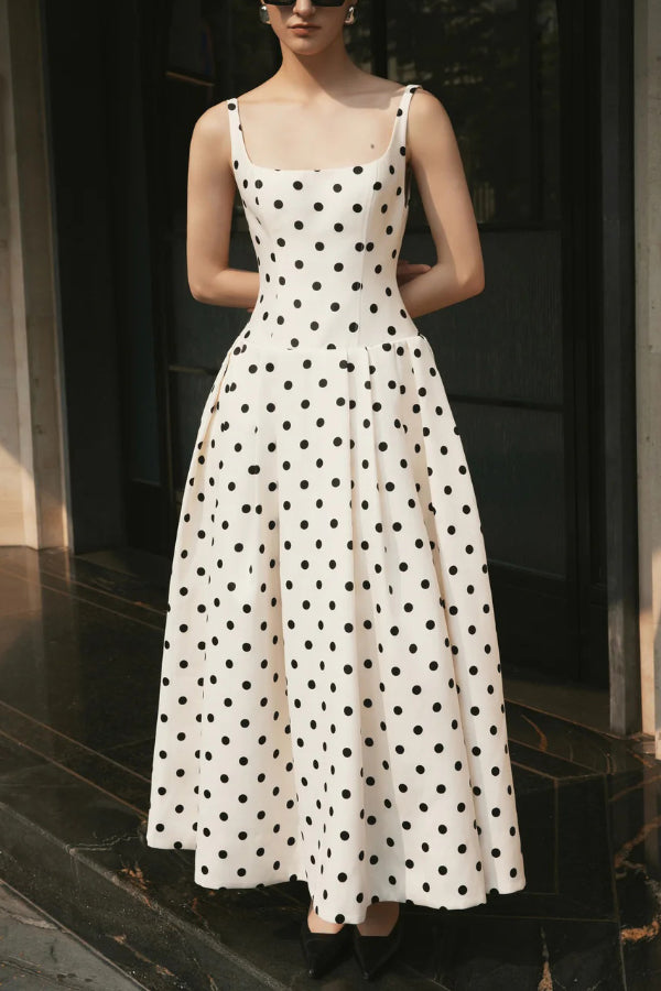 Cardydony Women's Polka Dot Print Square Neck Sleeveless Holiday Maxi Dress