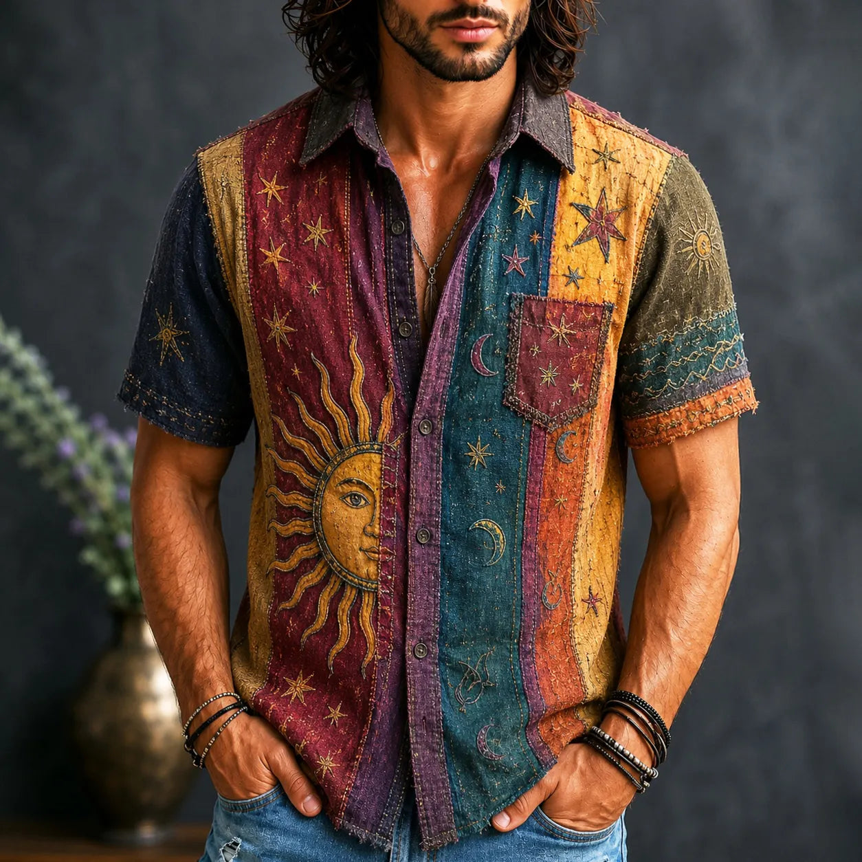 Cardydony Men's Vintage Patchwork Peace Sign Sun Moon Stars Striped Art Print Shirt