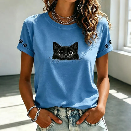 Cardydony Women's Vintage Black Cat Art Casual Short Sleeve T-shirt