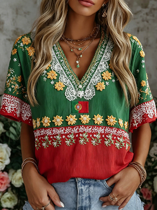 Cardydony Women's Vintage Floral Embroidered Art Patchwork V Neck Short Sleeve T-shirt