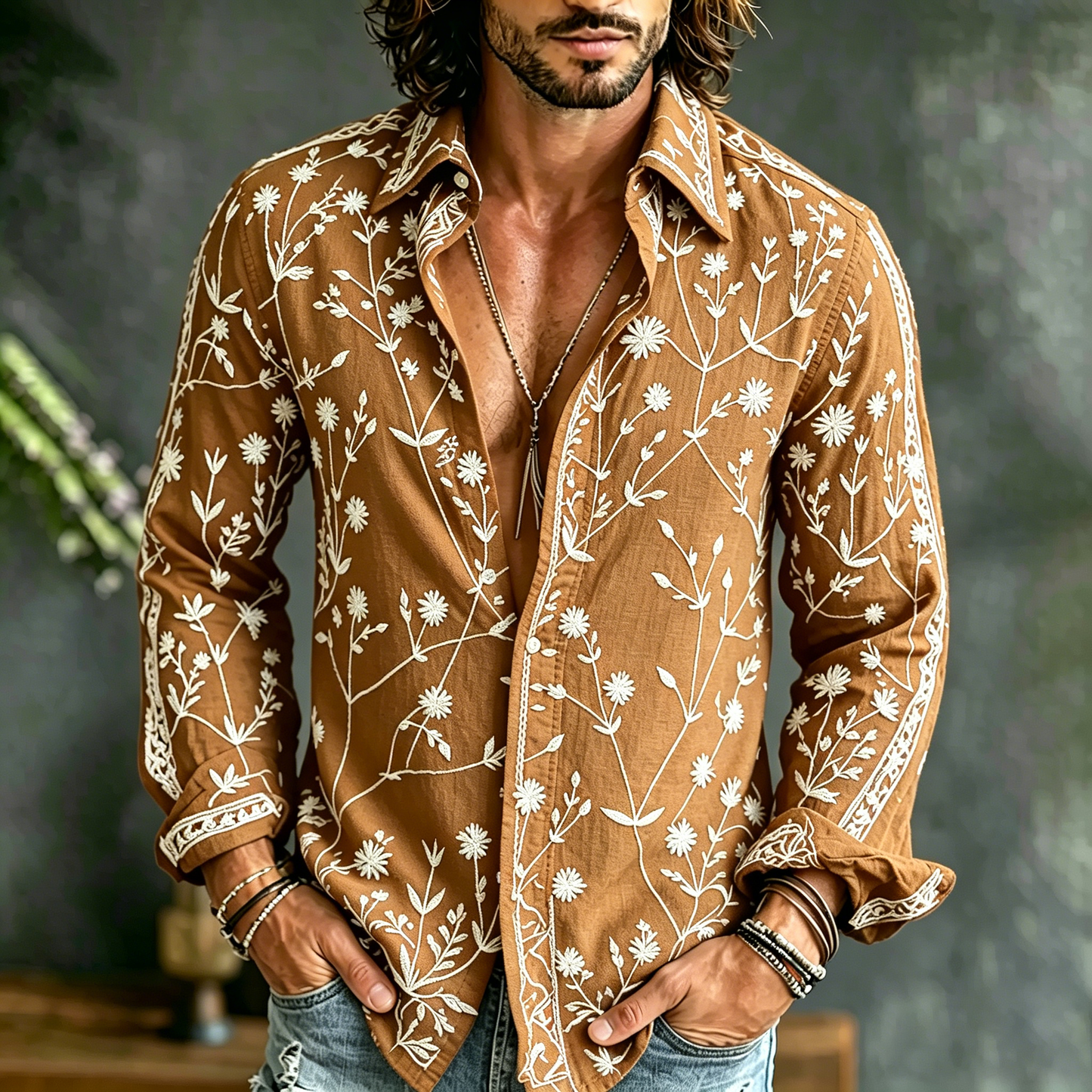 Cardydony Men's Spring Summer Floral Embroidered Art Print Flowy Linen Blend Shirt