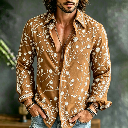 Cardydony Men's Spring Summer Floral Embroidered Art Print Flowy Linen Blend Shirt