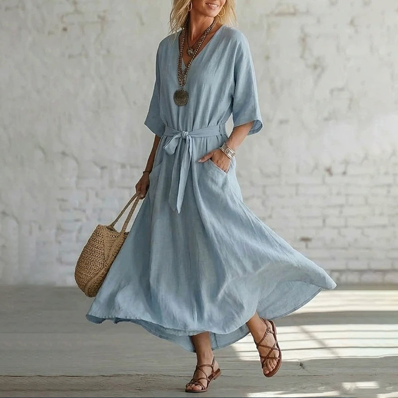 Cardydony Women's Elegant V-neck Tie Design Linen-cotton Maxi Dress