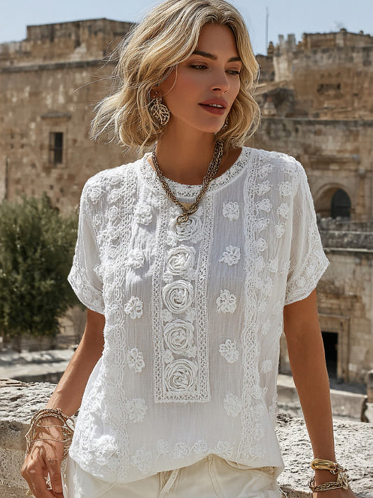 Cardydony Women's Vintage Rose Floral Embroidery Linen Blend Crew Neck Short Sleeve T-shirt
