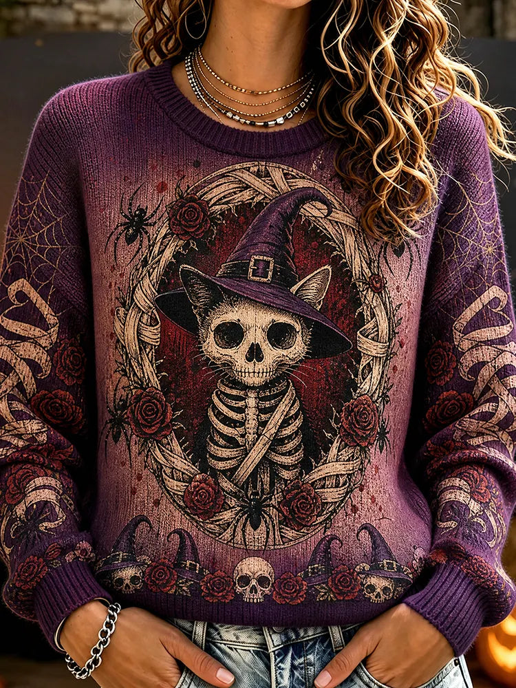 Cardydony Women's Skeleton Cat In Witch Hat Graphic Knit Sweater - Purple Spooky Pattern