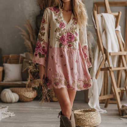 Cardydony Women's V Neck Boho Classy Gradient Pink Roses Embroidered Art Casual Dress