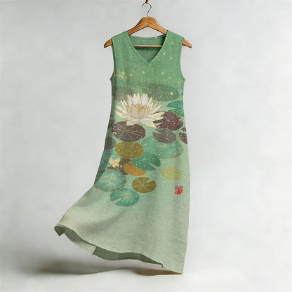 Cardydony Lotus Flower Japanese Art Flowy Linen Midi Dress