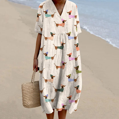Cardydony Women's Retro Cute Dachshund Dog Art Linen Dress