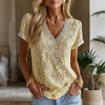 Cardydony Women's Retro Romantic Floral Art Linen Blend Short Sleeve V Neck Tops