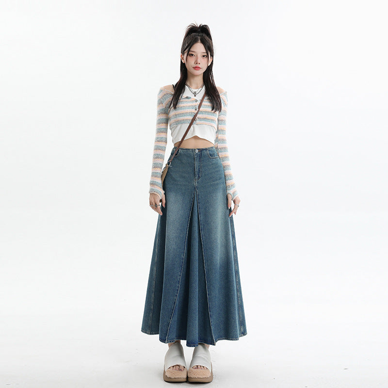Cardydony Women's Vintage-Inspired A-Line Denim Maxi Skirt