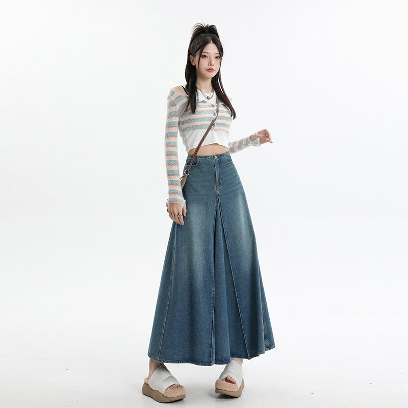 Cardydony Women's Vintage-Inspired A-Line Denim Maxi Skirt
