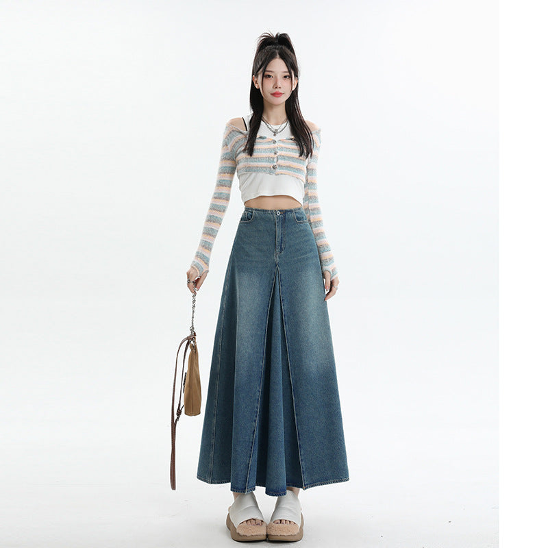 Cardydony Women's Vintage-Inspired A-Line Denim Maxi Skirt