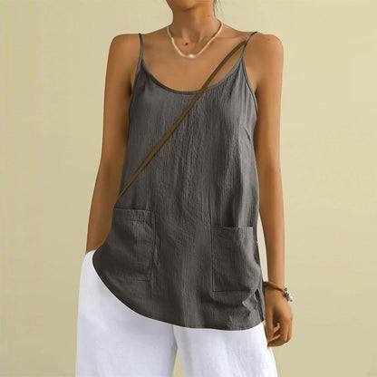 Cardydony Women's Solid Color Sleeveless Linen Blend Pocket Camisole